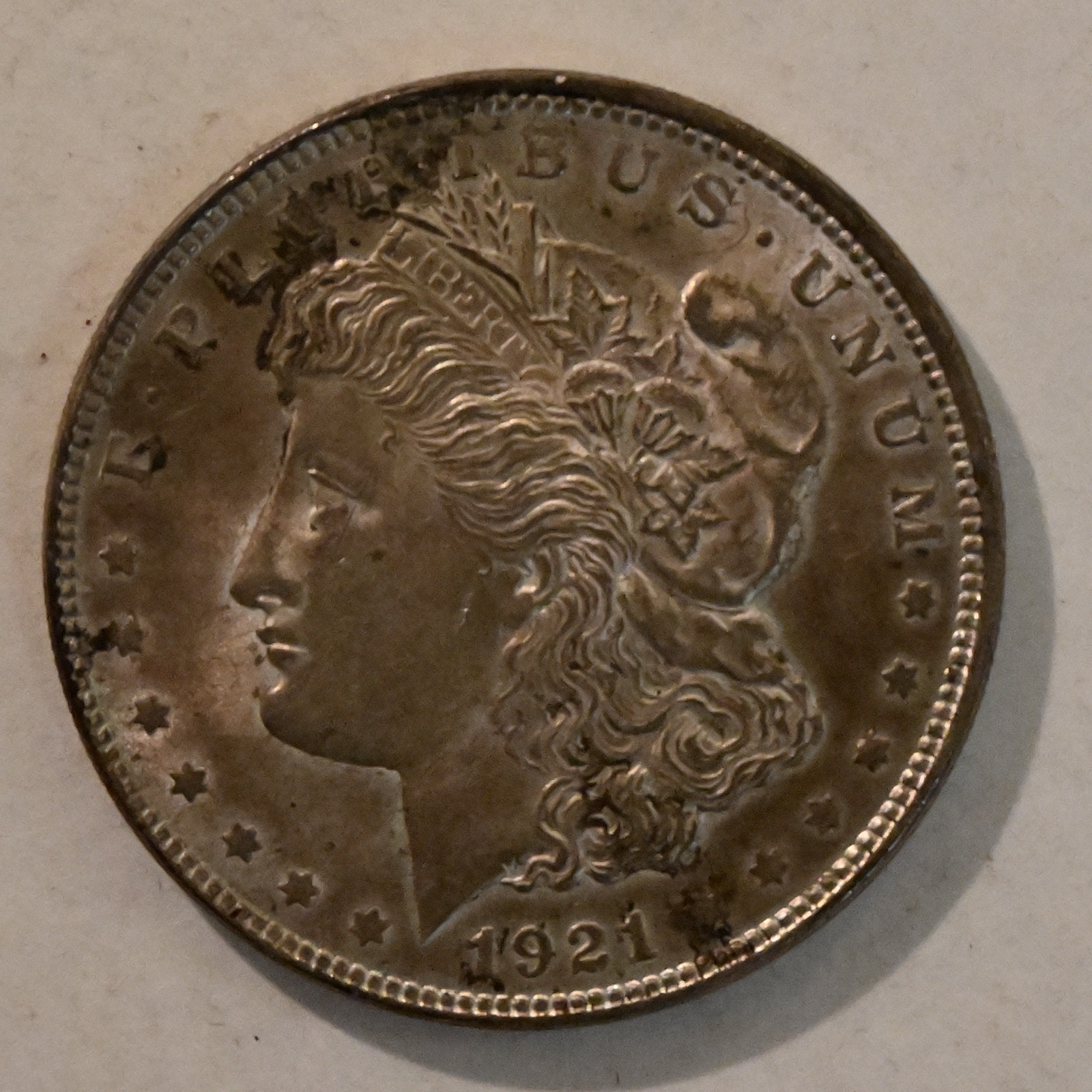 A 1921 Morgan silver dollar, obverse